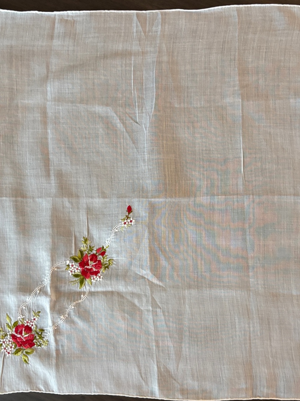Embroidered Floral Handkerchief- White with Red Flowers